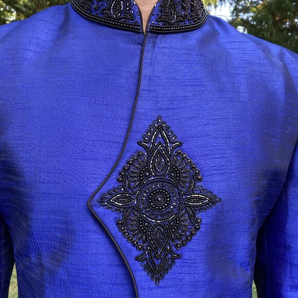 Custom Royal Blue Jacket Style Achkan / Sherwani, Hand Beaded Accents, Like New - Picture 6 of 15